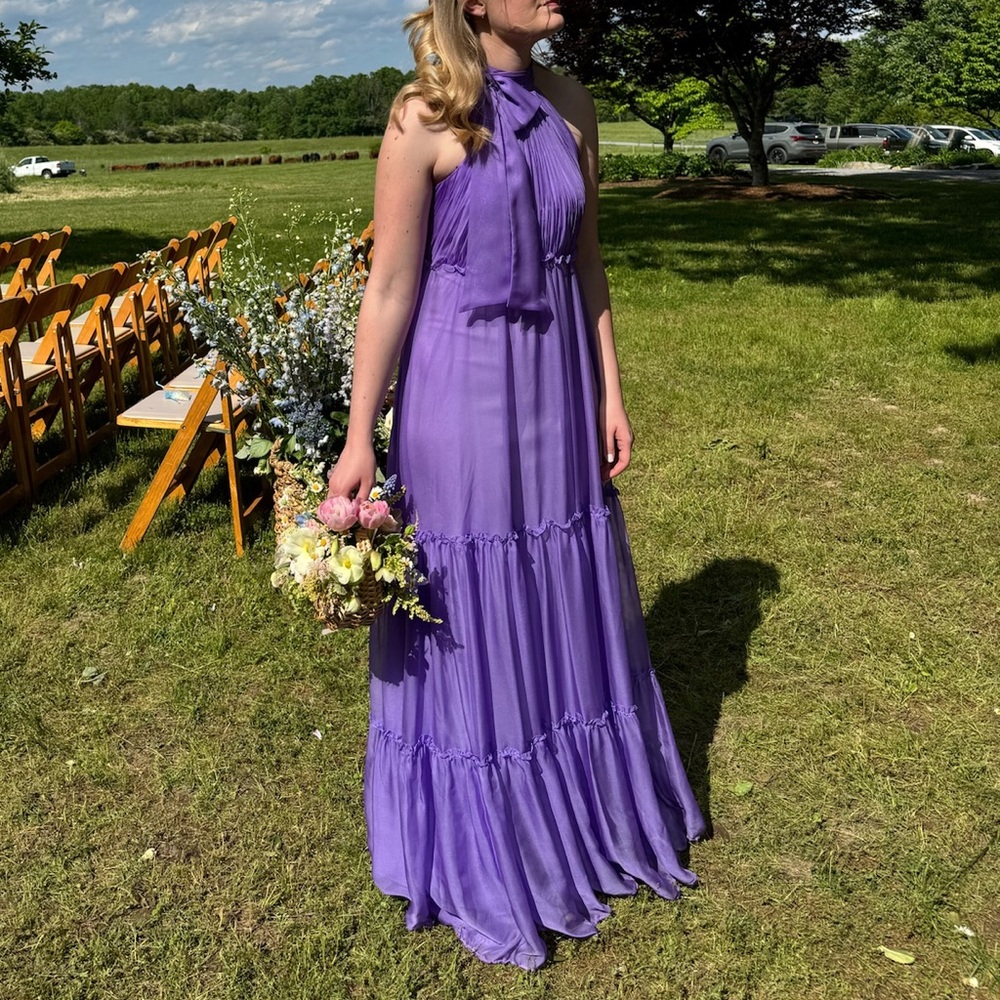 Mac Duggal Ruched Tiered High Neck Bow A Line Gown in Orchid